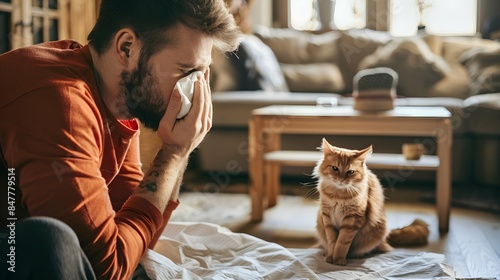 man sneezes into a napkin at home, spring allergies, cat allergies, allergy concept