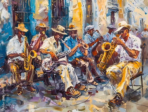 jazz band havana street Oil color painting. Generative AI.