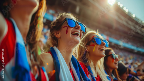 Excited female football fans in a stadium celebrating a scored goal at an important game, all dressed in the colors of their national team.