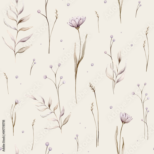 Watercolor seamless pattern floral delicate pastel vintage green violet brown bouquet. Hand drawn illustration isolated on white background. Repeat flower and herb herds pastel color