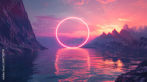 3d render. Abstract wallpaper with sunset or sunrise and round geometric shape. Mystic landscape with mountains, water and glowing neon ring.