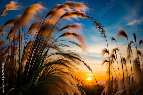 Under the sunlight and backlight, plants sway in the wind, creating an abstract and colorful scene where cattails and reeds sway in the wind, and tablecloths