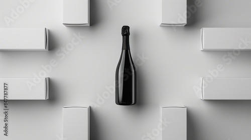 A bottle of champagne is placed in the middle of a row of white boxes