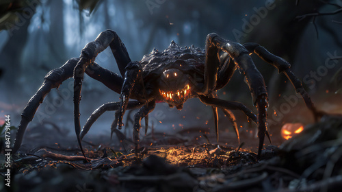 A giant, eerie spider with a glowing carved pumpkin head, standing in a dark, misty forest, creating a chilling and spooky Halloween atmosphere