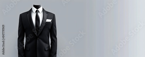 Elegant black suit with white shirt and tie on mannequin on gray background with copy space