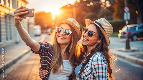 Two young beautiful smiling hipster female in trendy summer clothes. Sexy carefree women posing on street background. Positive models having fun, hugging at sunset. In hat and sunglasses. Take selfie