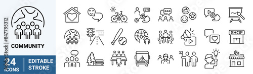 Community line web icons. Containing people, friendship, social, diversity. Editable Stroke.