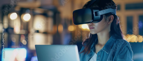 A woman wearing a VR headset intensely explores a virtual world, her concentration unbroken as glowing lights blur around her, indicating a tech-filled room.