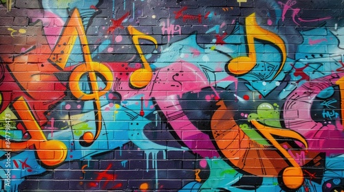 Urban Beats: Graffiti Wall with Spray-Painted Music Notes Creating an Urban Music Scene