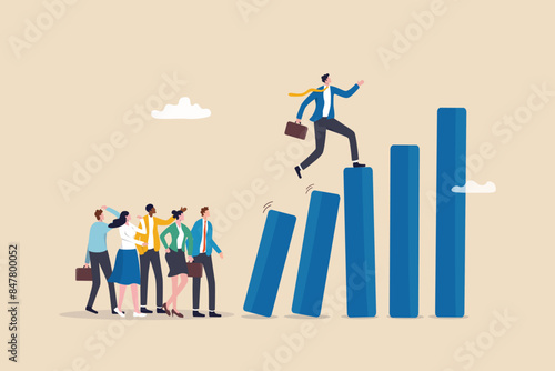 Taking initiative to win business competition, determination or entrepreneurship to overcome difficulty and success, courage or challenge concept, businessman taking initiative to climb growth graph.