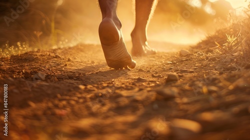 A low-angle view of a pilgrim walking barefoot on the dusty Camino de Santiago path at sunset
