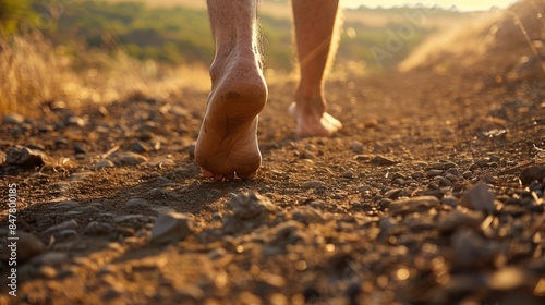 A low-angle close-up of a barefoot pilgrim walking along the dusty Camino de Santiago path