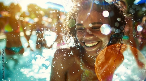 A young woman enjoys splashing in the water at a summer pool party. The photo captures her joyous expression and the refreshing feeling of the water on a sunny day