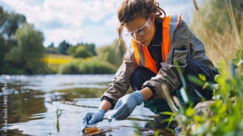 A female biologist in a safety vest and gloves conducts a water quality assessment in a river. She is carefully collecting a sample of water for analysis