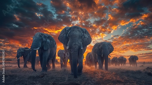 A journey of majestic elephants under the dramatic fiery sky at dawn or dusk
