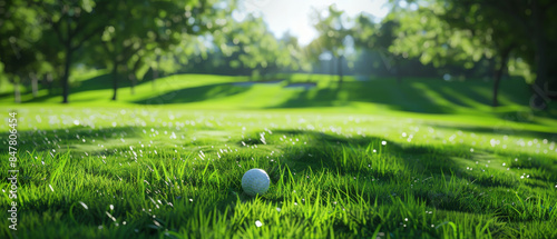 A solitary golf ball rests on a dewy green golf course, with trees and sunlight creating a serene and early morning setting.