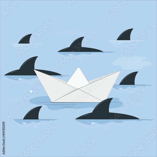 A paper boat surrounded by sharks on the high seas. The concept of audacity and weakness on a turbulent sea surrounded by competition. paper boat and shark in the blue sea background vector 2195