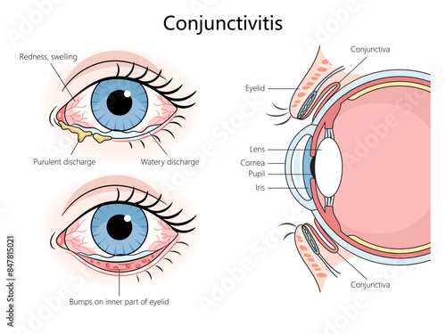 conjunctivitis symptoms and eye anatomy, including redness, swelling, discharge, and bumps on the eyelid diagram hand drawn schematic vector illustration. Medical science educational illustration