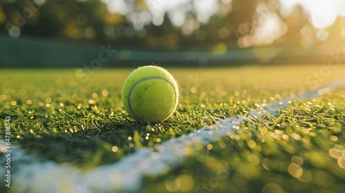 Close up of a tennis ball on a grass tennis court