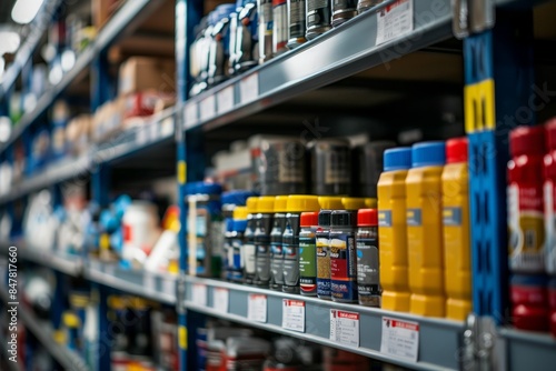 A close-up view of shelves in an auto parts store. The shelves are stocked with a variety of auto parts and fluids. The image is taken under natural light
