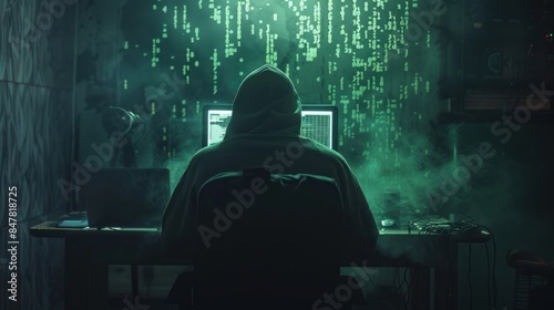 Mysterious faceless figure silhouetted from behind, sitting with tense posture before a laptop computer