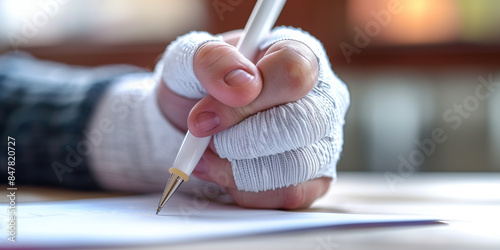 A close-up shot of a person's hand, their wrist wrapped in a bandage, wincing as they attempt to grip a pen.