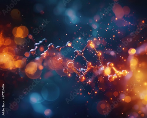 Close-up molecular structure imagery with illuminated particles on a dark backdrop, showcasing vibrant biochemistry and scientific research concept.