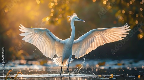 Large white egret with wings fully extended standing in shallow water