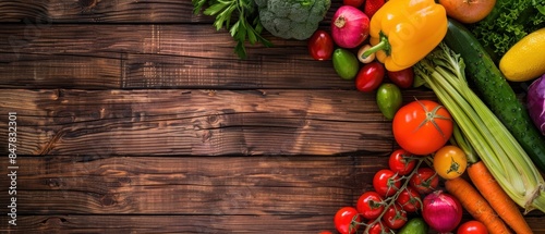 Colorful array of vegetables and fruits on a wooden table, healthy eating concept