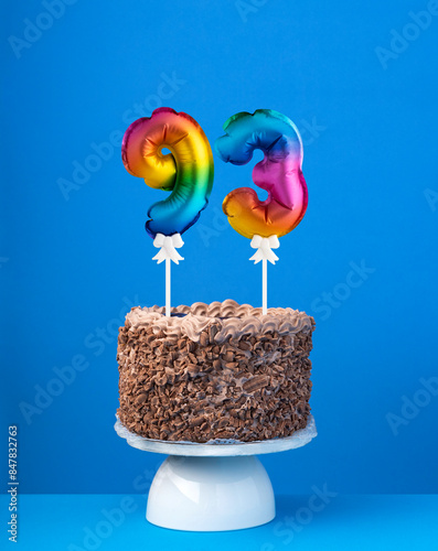 Birthday cake with balloon number 93 - Invitation card on blue background