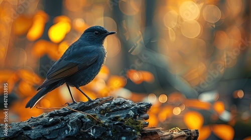 A black bird is perched on a log in a forest