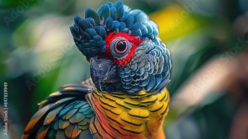 A colorful parrot with a red beak and yellow feathers