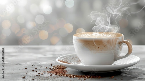 A steaming cup of cappuccino with latte art on a transparent background 