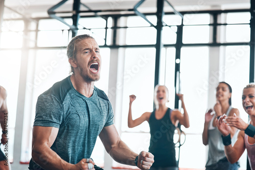 exercise, people and scream to celebrate success in workout class, fitness and training goals. Sports, man and happiness for power challenge, winner or performance achievement at health club or gym
