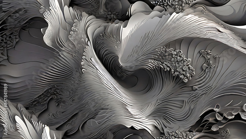 Black and white artwork shows a wave pattern with smooth curves of varying thickness and intensity creating a sense of movement.