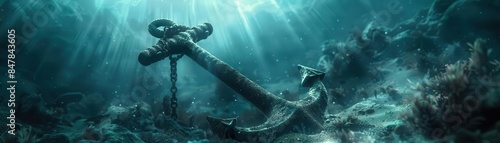 A submerged anchor rests on the ocean floor, illuminated by beams of sunlight piercing through the clear blue water.