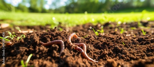 Soil pile created by earthworm Home of the earthworm on the lawn. Creative banner. Copyspace image