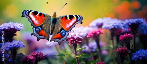 Colorful Peacock butterfly Aglais io sits on meadow flowers. Creative banner. Copyspace image