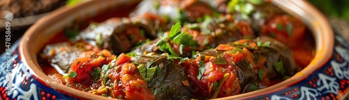 A closeup shot of Algerian dolma with stuffed vegetables in a rich tomato sauce, garnished with fresh herbs, served in a colorful ceramic dish, natural daylight
