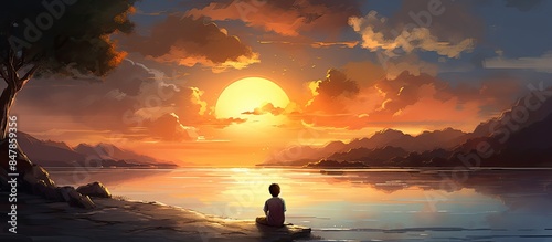 boy siting on the sands and looking on beautiful spring sunset. Creative banner. Copyspace image