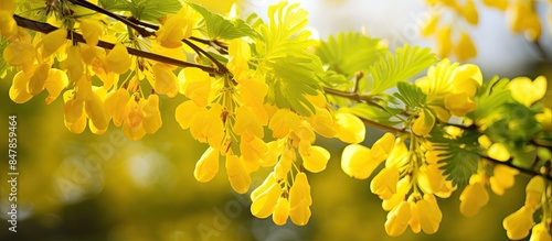 In spring an ornamental laburnum bush blooms in nature. Creative banner. Copyspace image