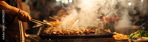 A dramatic scene of stinky tofu frying in a busy night market stall, with steam rising and vibrant lights in the background, capturing the bustling atmosphere