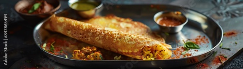 A traditional Indian Dosa with a crispy rice and lentil crepe filled with spiced potato masala, served with coconut chutney and sambar on a stainless steel platter