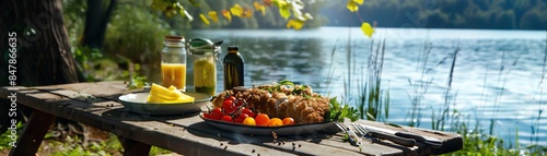 A vibrant plate of surstromming with traditional Swedish accompaniments, set on a picnic table by a picturesque lake, with lush greenery in the background