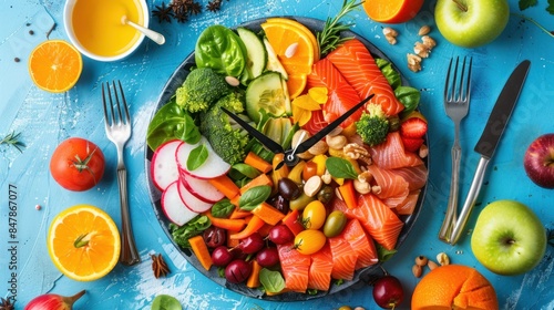Brightly colored food and silverware arranged on a platter in the shape of a clock. Lunchtime concept, diet, weight loss, and intermittent fasting