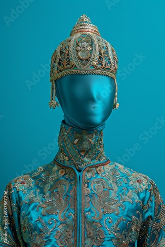 Intricate royal blue costume with elaborate embroidery and detailed headwear on a faceless mannequin against a blue background.