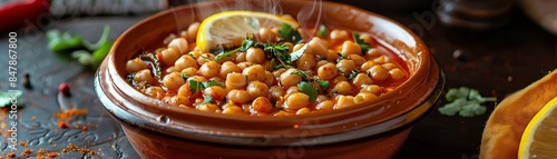 A visually stunning Tunisian lablabi with chickpeas in a spicy broth, garnished with harissa and lemon wedges, served in a traditional bowl, steam rising, bright daylight