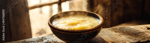 An inviting scene of Zimbabwean mbuya with cornmeal porridge and milk, served in a traditional bowl, rustic kitchen background, bright daylight
