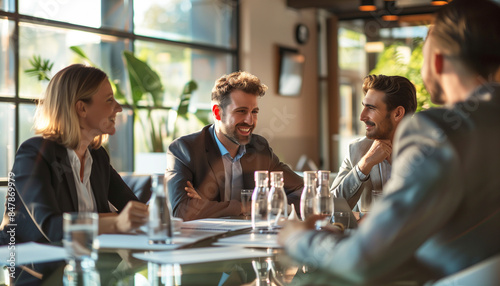 Medium business professionals meeting with financiers in a high-rise office, discussing funding and growth opportunities for their expanding company.