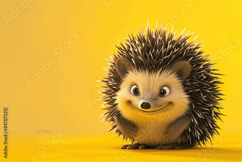Adorable Cartoon Hedgehog with Yellow Backdrop: An endearing digital illustration of a smiling cartoon hedgehog